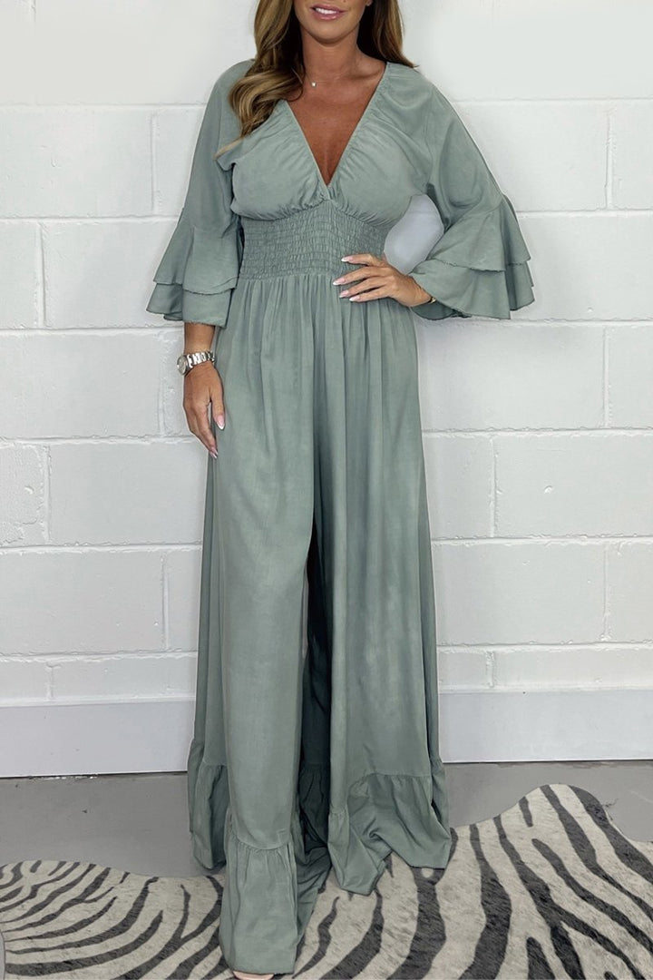 Women's Wrap Front Jumpsuit with Flared Sleeves and Wide Leg Design