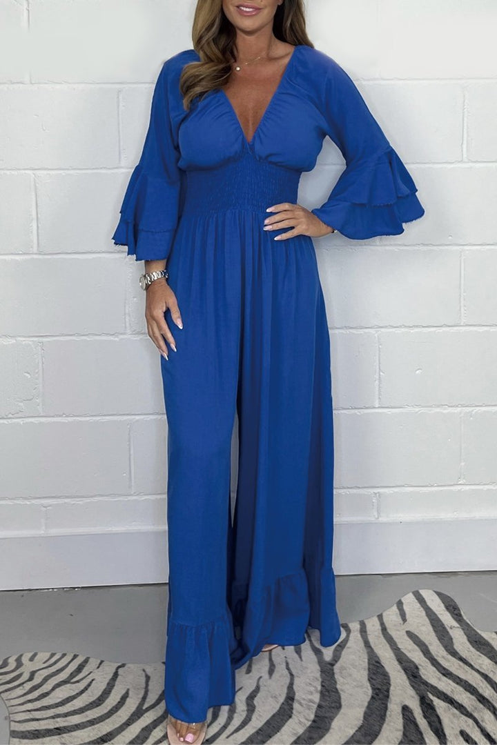 Women's Wrap Front Jumpsuit with Flared Sleeves and Wide Leg Design