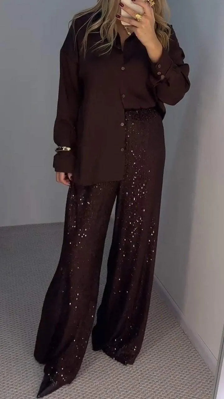 Women's Sequin Co-Ord Set with Button Front Top and Wide Leg Trousers