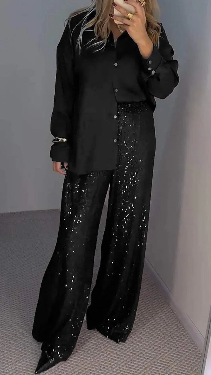 Women's Sequin Co-Ord Set with Button Front Top and Wide Leg Trousers