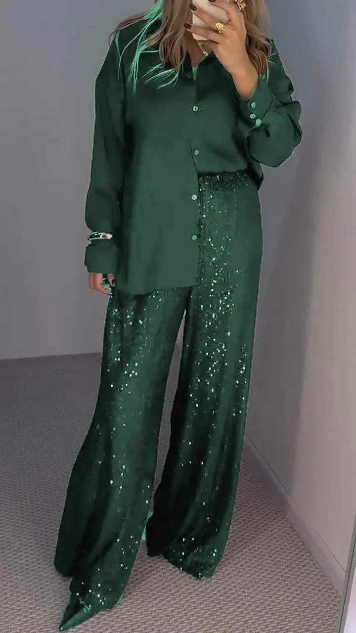 Women's Sequin Co-Ord Set with Button Front Top and Wide Leg Trousers
