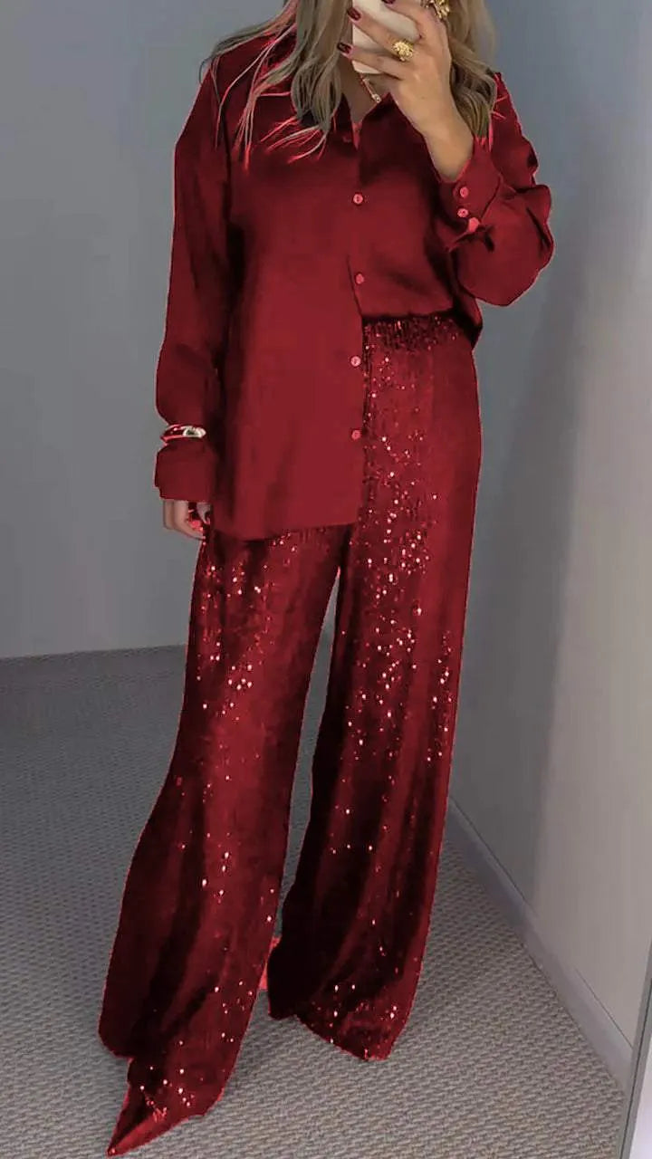 Women's Sequin Co-Ord Set with Button Front Top and Wide Leg Trousers