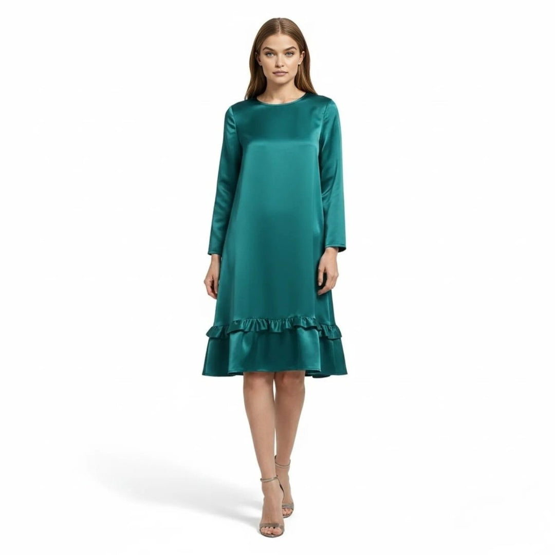 Women's Evening Satin Midi Dress with Ruffle Hem