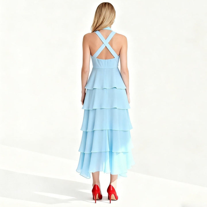 Women's Wedding Guest Halter Maxi Dress with Tiered Skirt