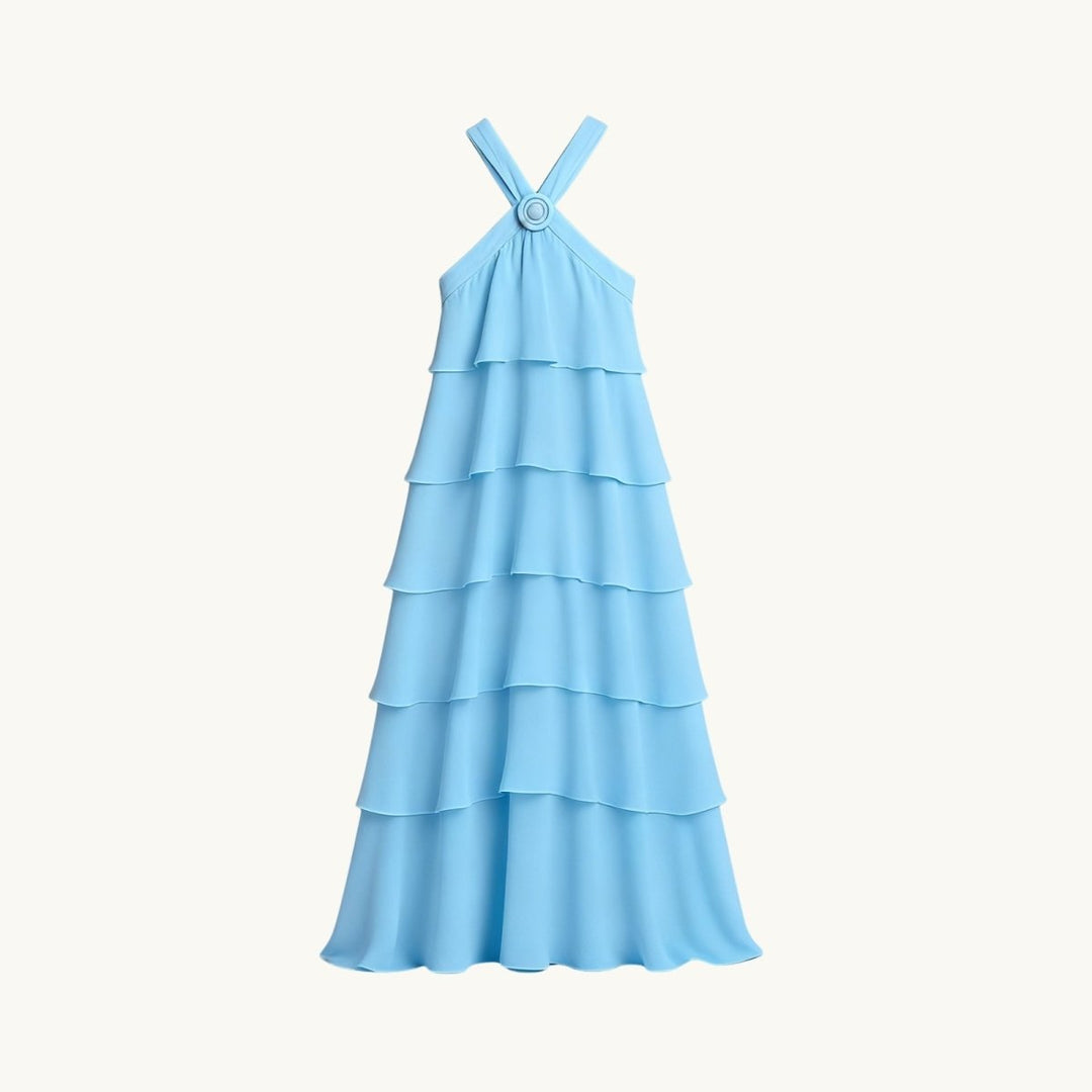 Women's Wedding Guest Halter Maxi Dress with Tiered Skirt