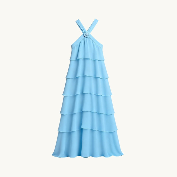 Women's Wedding Guest Halter Maxi Dress with Tiered Skirt