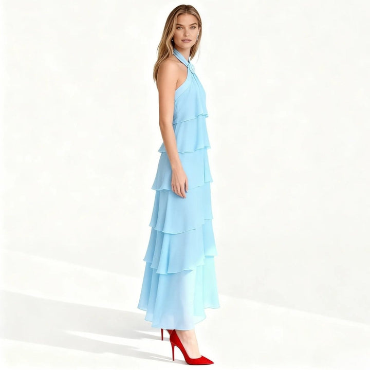 Women's Wedding Guest Halter Maxi Dress with Tiered Skirt