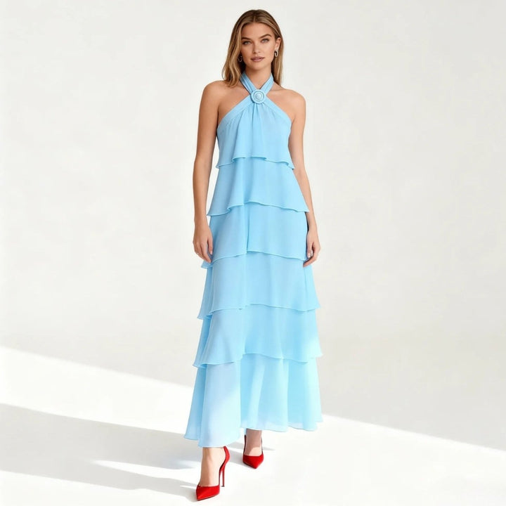 Women's Wedding Guest Halter Maxi Dress with Tiered Skirt