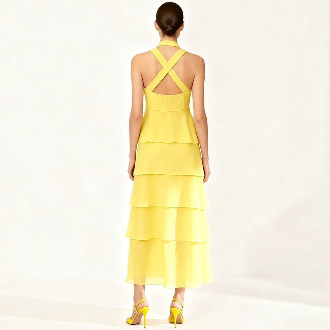 Women's Wedding Guest Halter Maxi Dress with Tiered Skirt