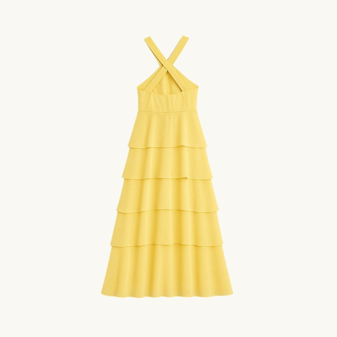 Women's Wedding Guest Halter Maxi Dress with Tiered Skirt