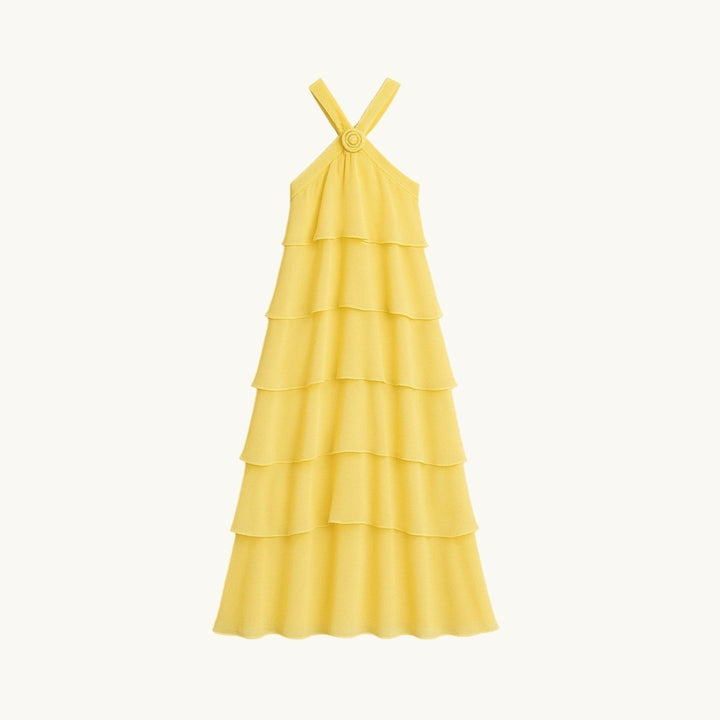 Women's Wedding Guest Halter Maxi Dress with Tiered Skirt