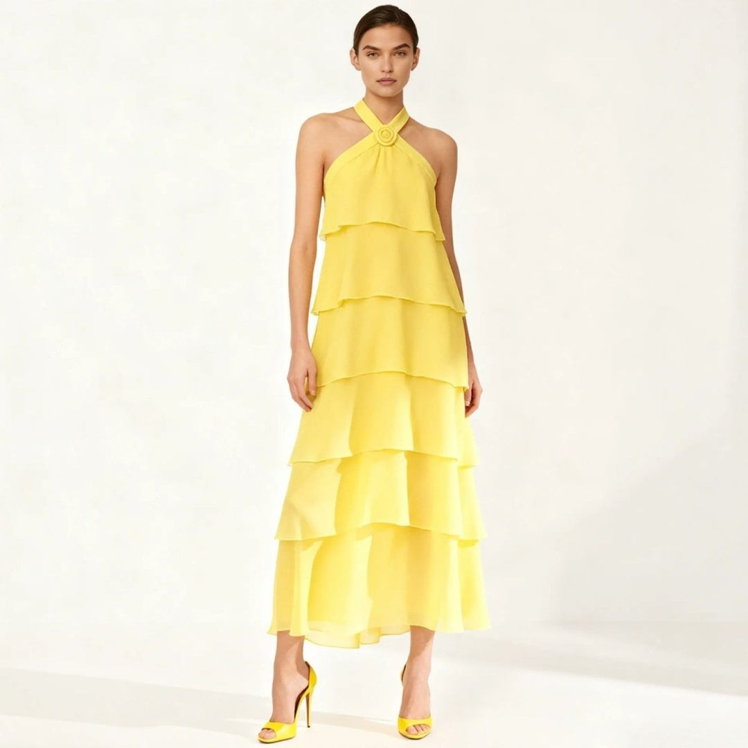 Women's Wedding Guest Halter Maxi Dress with Tiered Skirt