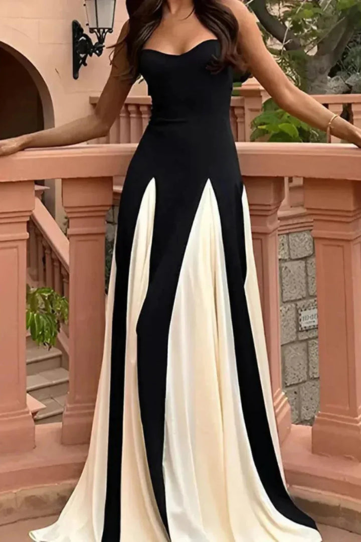 Women's Wedding Guest Maxi Dress with Strapless Neckline and Contrast Design