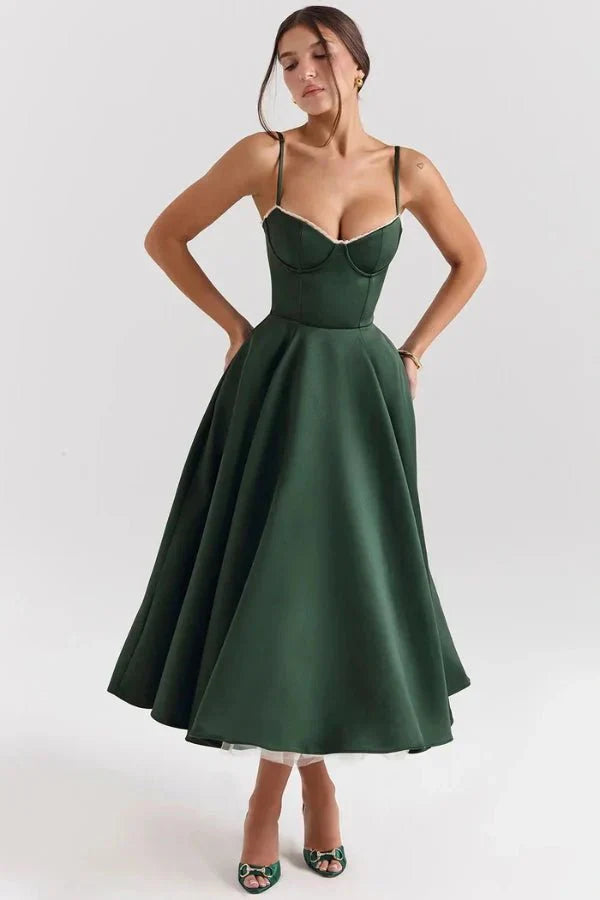 Women's Wedding Guest Midi Dress with Strapless Neckline and Fit Flare Skirt