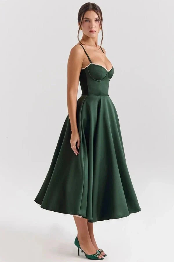 Women's Wedding Guest Midi Dress with Strapless Neckline and Fit Flare Skirt