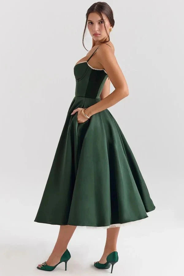 Women's Wedding Guest Midi Dress with Strapless Neckline and Fit Flare Skirt