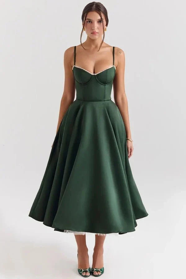 Women's Wedding Guest Midi Dress with Strapless Neckline and Fit Flare Skirt
