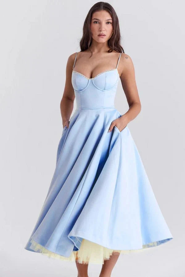 Women's Wedding Guest Midi Dress with Strapless Neckline and Fit Flare Skirt