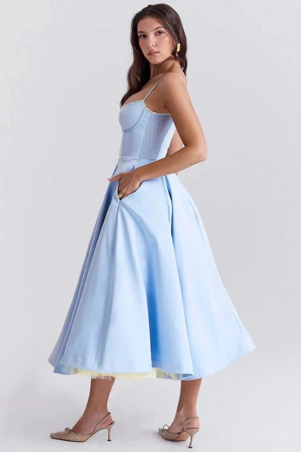 Women's Wedding Guest Midi Dress with Strapless Neckline and Fit Flare Skirt
