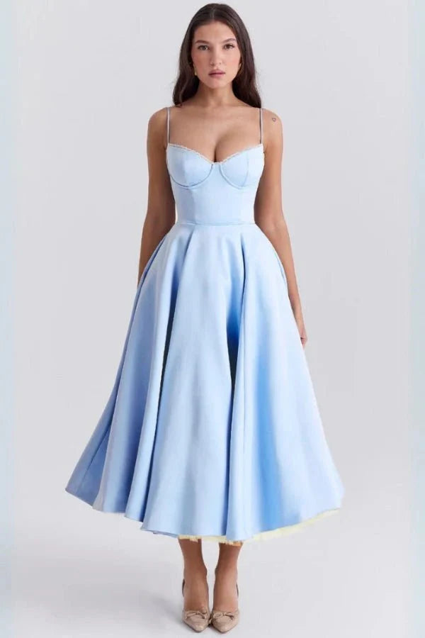 Women's Wedding Guest Midi Dress with Strapless Neckline and Fit Flare Skirt