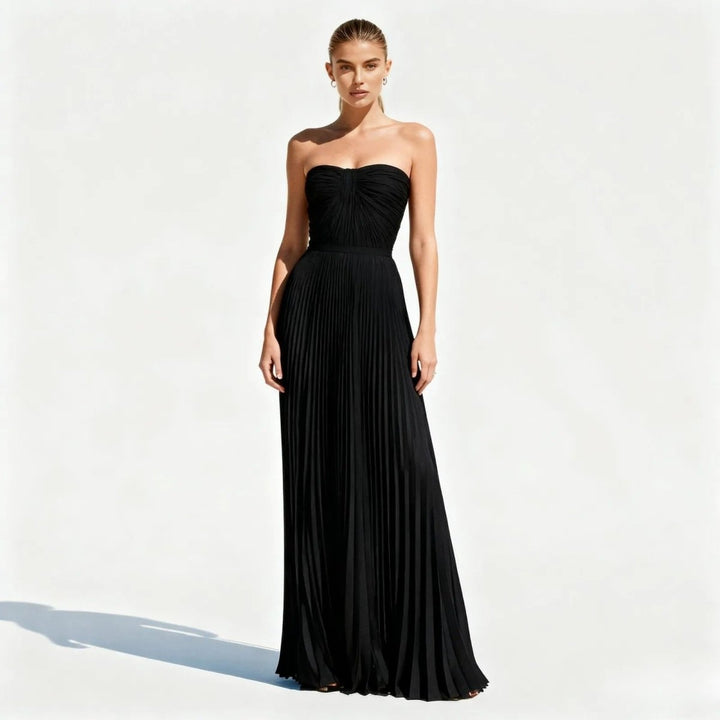 Women's Evening Strapless Maxi Dress with Pleated Skirt