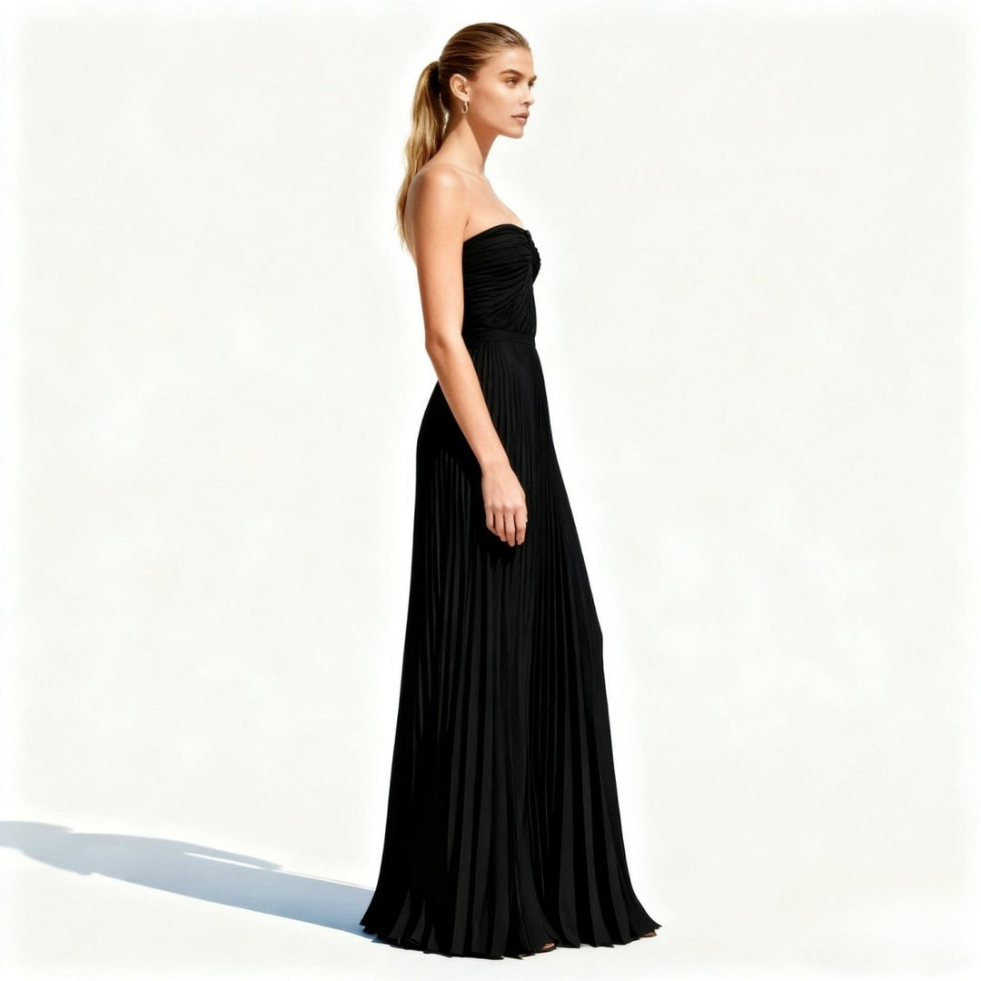 Women's Evening Strapless Maxi Dress with Pleated Skirt