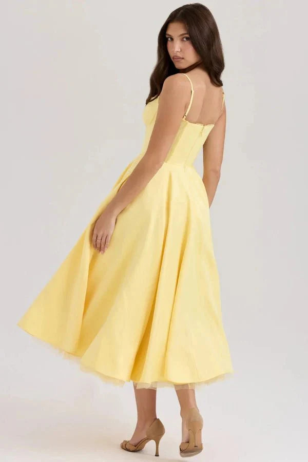 Women's Wedding Guest Midi Dress with Strapless Neckline and Fit Flare Skirt