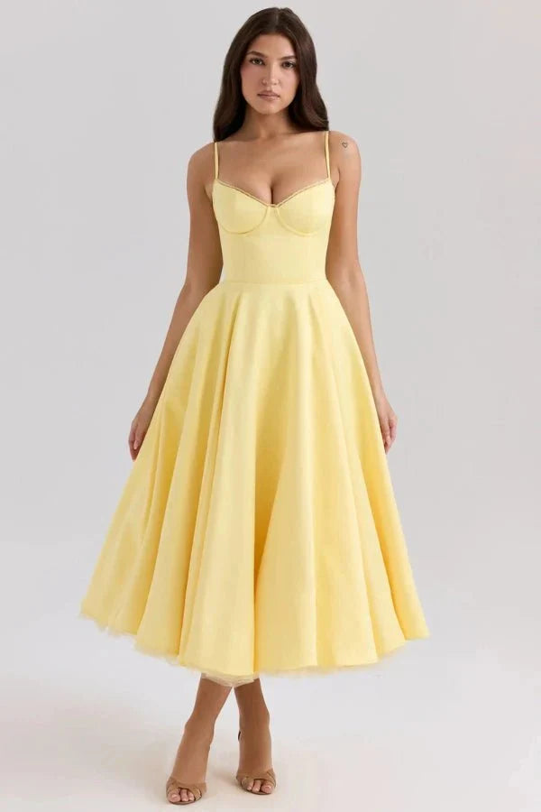 Women's Wedding Guest Midi Dress with Strapless Neckline and Fit Flare Skirt