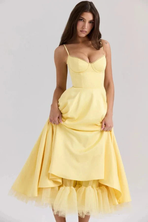 Women's Wedding Guest Midi Dress with Strapless Neckline and Fit Flare Skirt