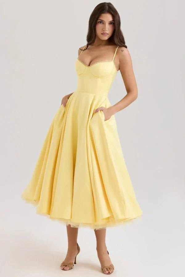Women's Wedding Guest Midi Dress with Strapless Neckline and Fit Flare Skirt