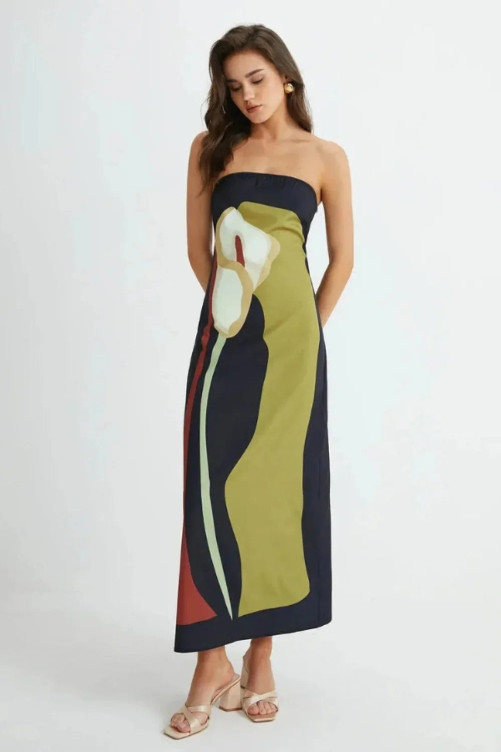 Women's Evening Strapless Maxi Dress with Abstract Print