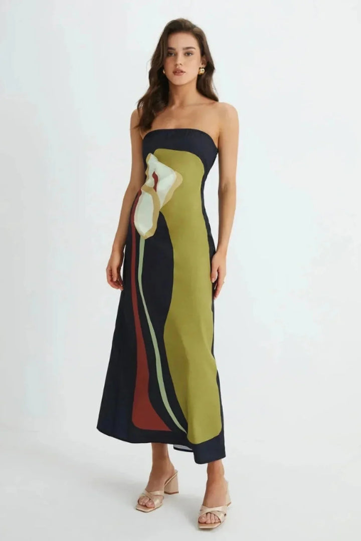 Women's Evening Strapless Maxi Dress with Abstract Print