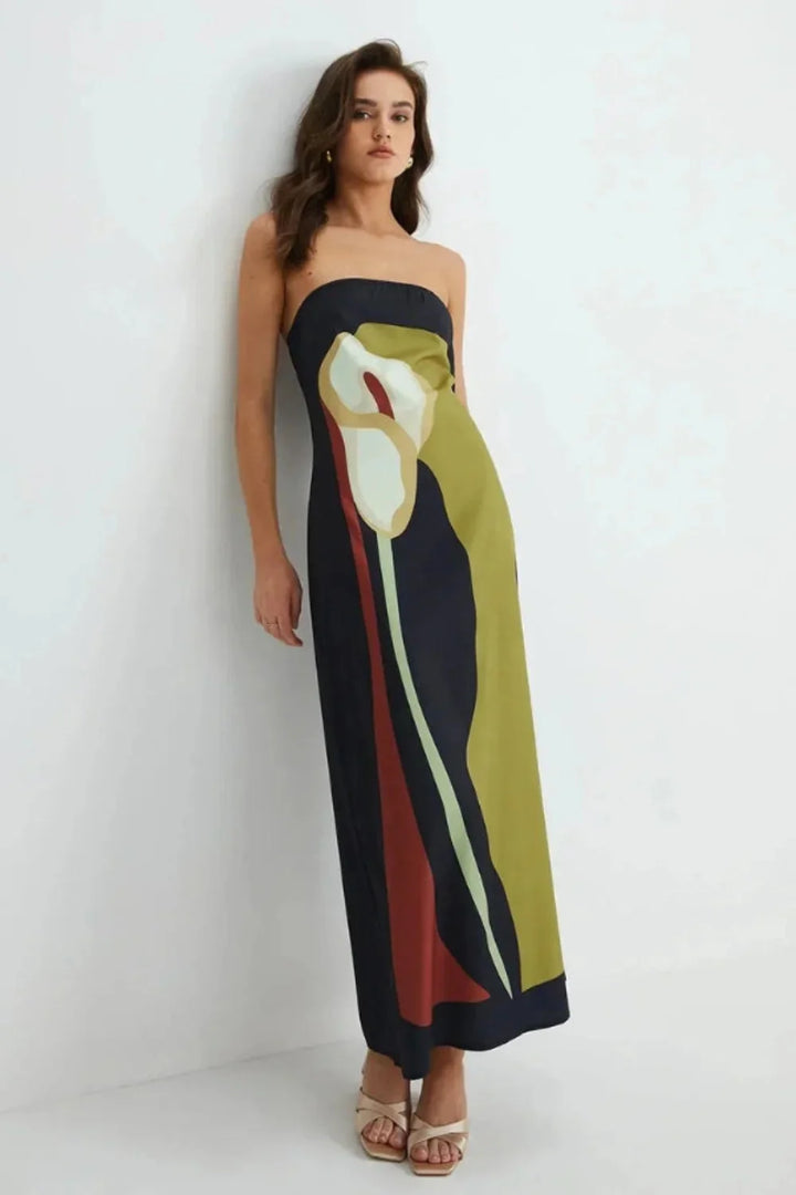 Women's Evening Strapless Maxi Dress with Abstract Print