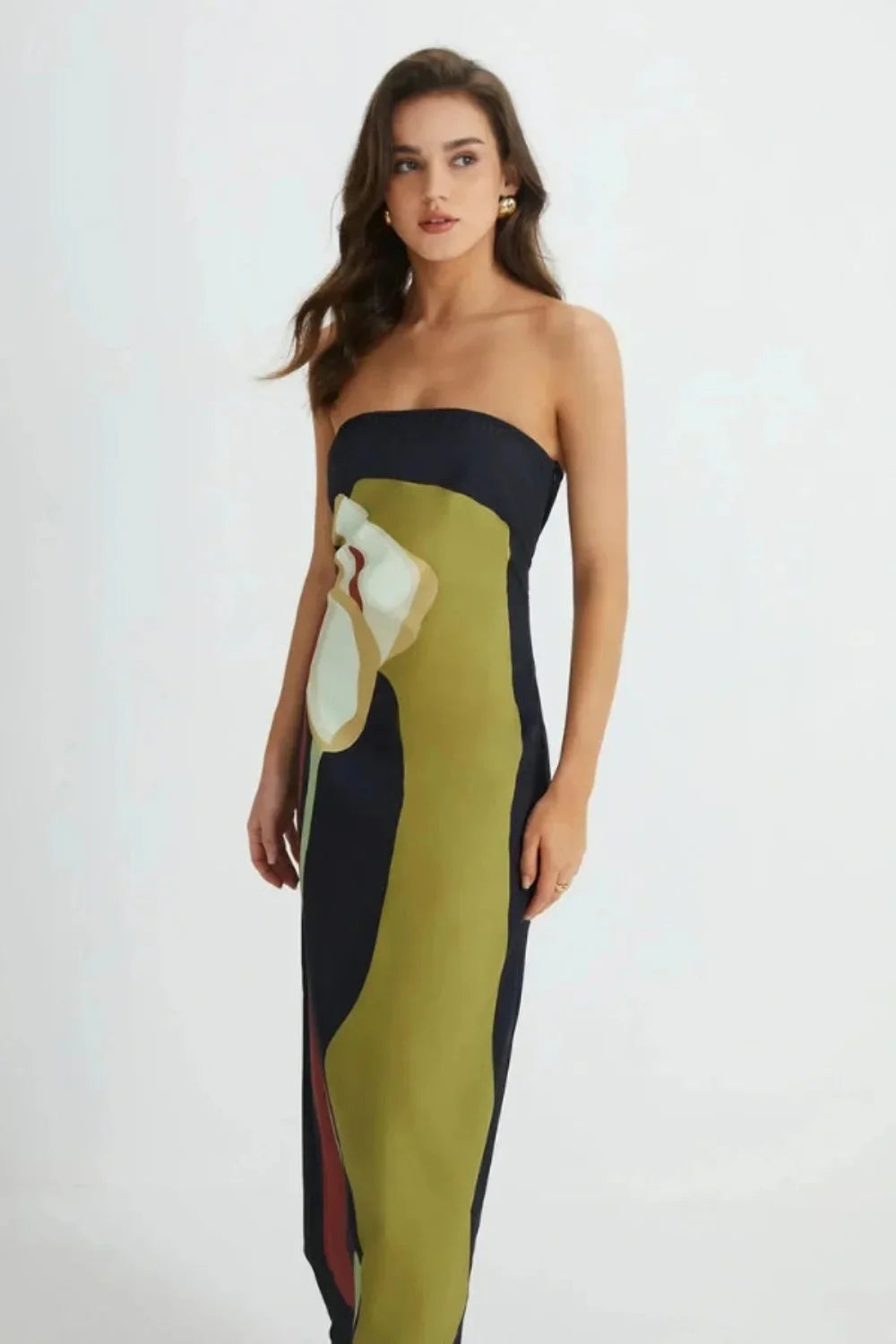 Women's Evening Strapless Maxi Dress with Abstract Print