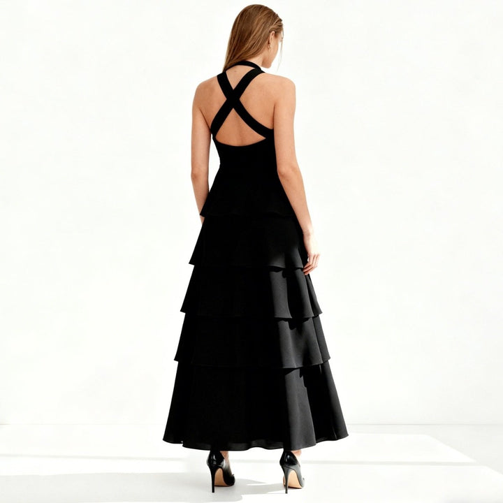 Women's Wedding Guest Halter Maxi Dress with Tiered Skirt