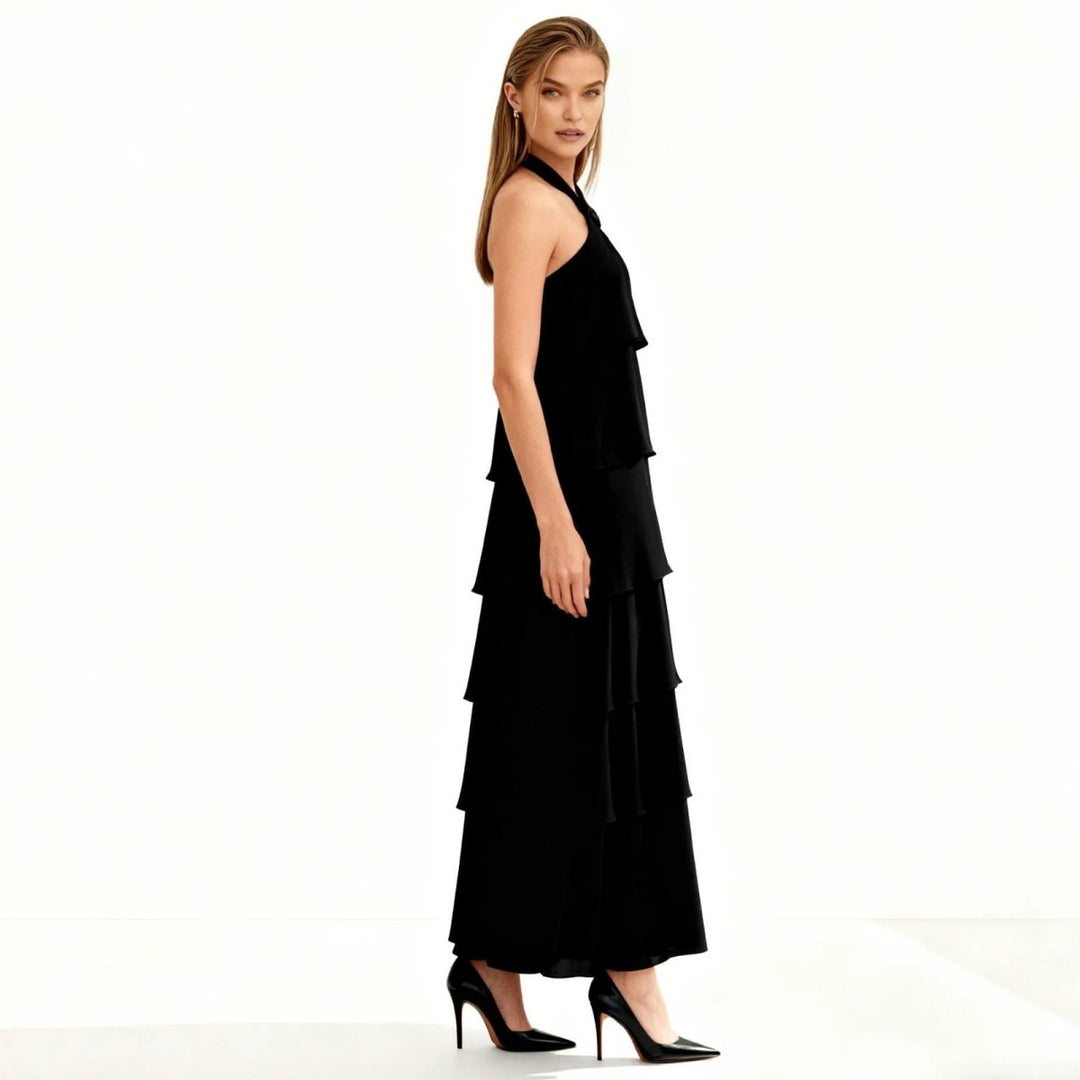Women's Wedding Guest Halter Maxi Dress with Tiered Skirt