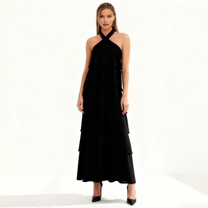 Women's Wedding Guest Halter Maxi Dress with Tiered Skirt