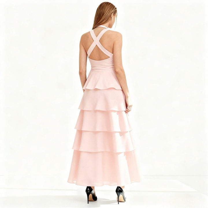 Women's Wedding Guest Halter Maxi Dress with Tiered Skirt