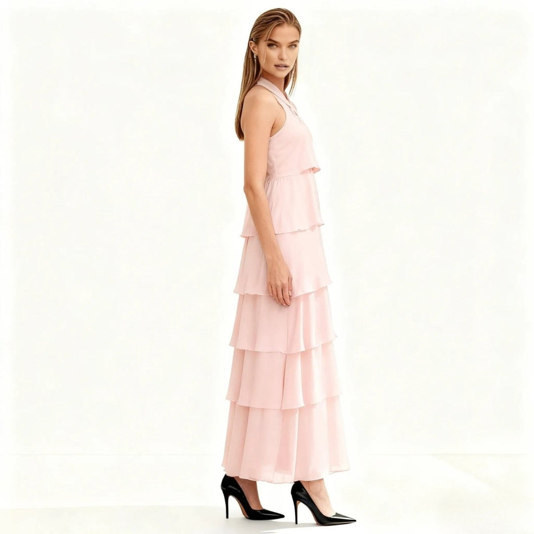 Women's Wedding Guest Halter Maxi Dress with Tiered Skirt