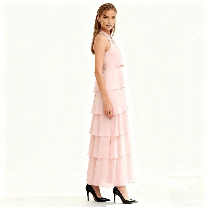 Women's Wedding Guest Halter Maxi Dress with Tiered Skirt