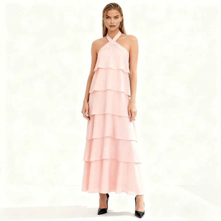Women's Wedding Guest Halter Maxi Dress with Tiered Skirt