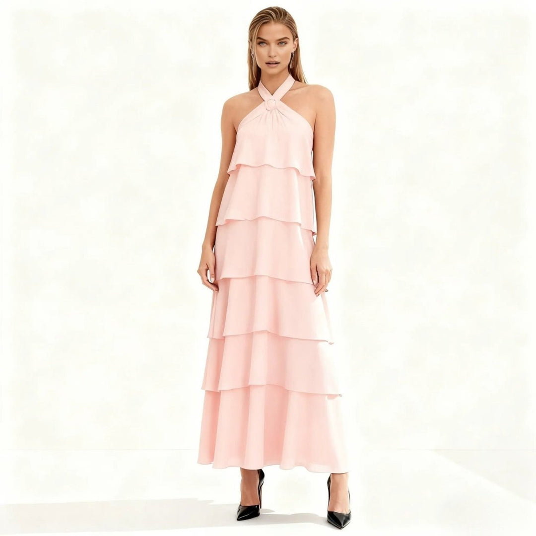 Women's Wedding Guest Halter Maxi Dress with Tiered Skirt
