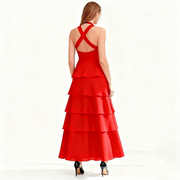 Women's Wedding Guest Halter Maxi Dress with Tiered Skirt