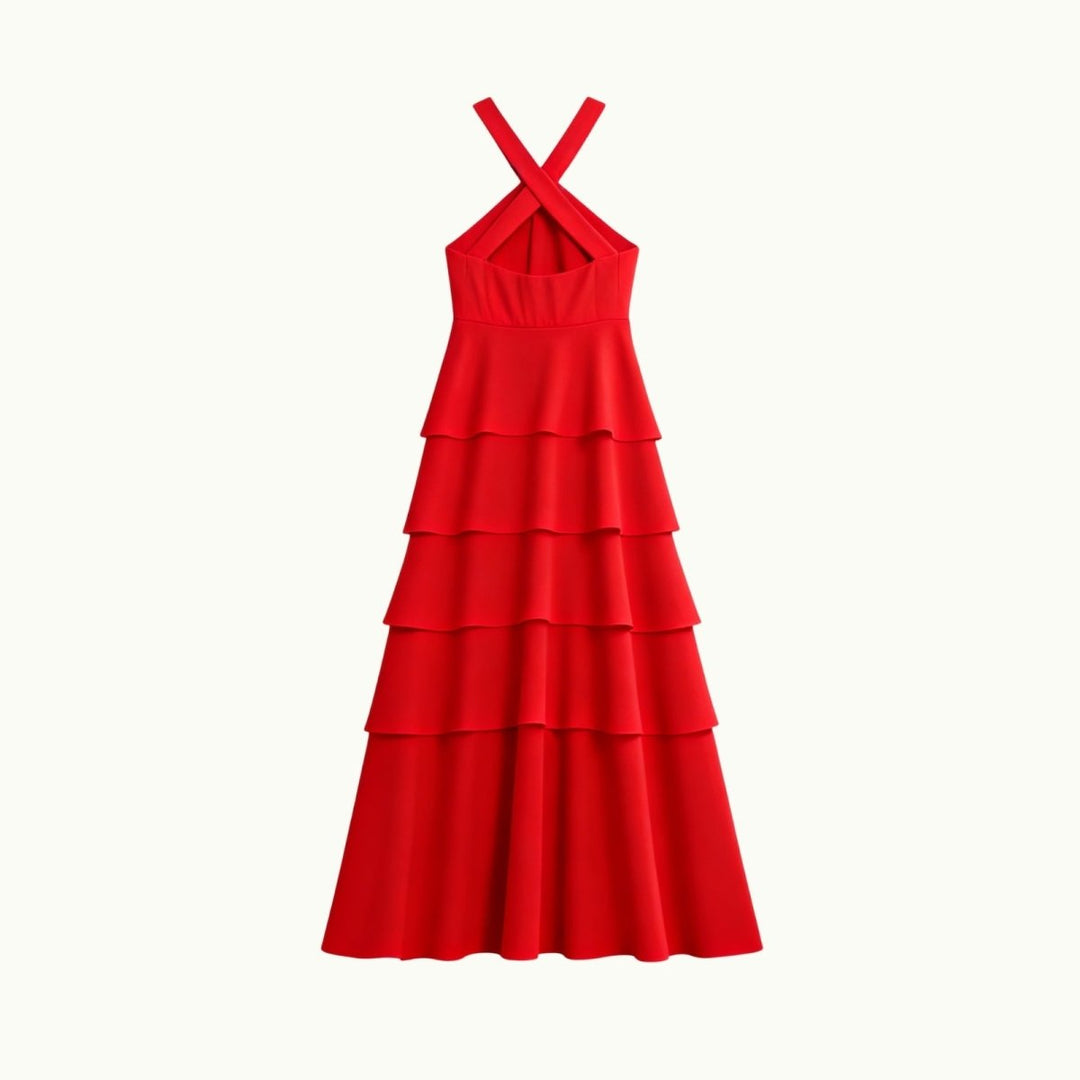 Women's Wedding Guest Halter Maxi Dress with Tiered Skirt