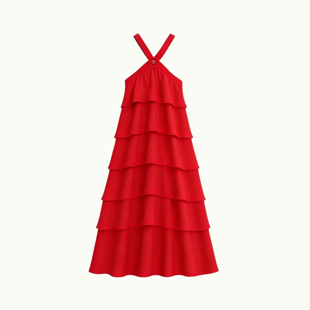 Women's Wedding Guest Halter Maxi Dress with Tiered Skirt
