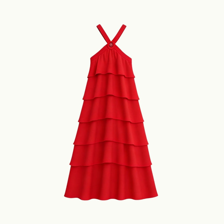 Women's Wedding Guest Halter Maxi Dress with Tiered Skirt