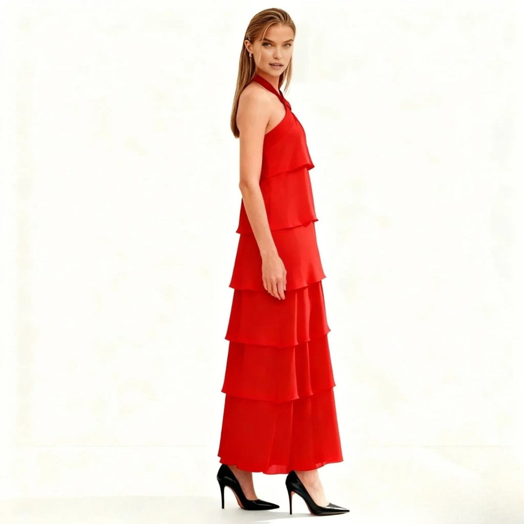 Women's Wedding Guest Halter Maxi Dress with Tiered Skirt