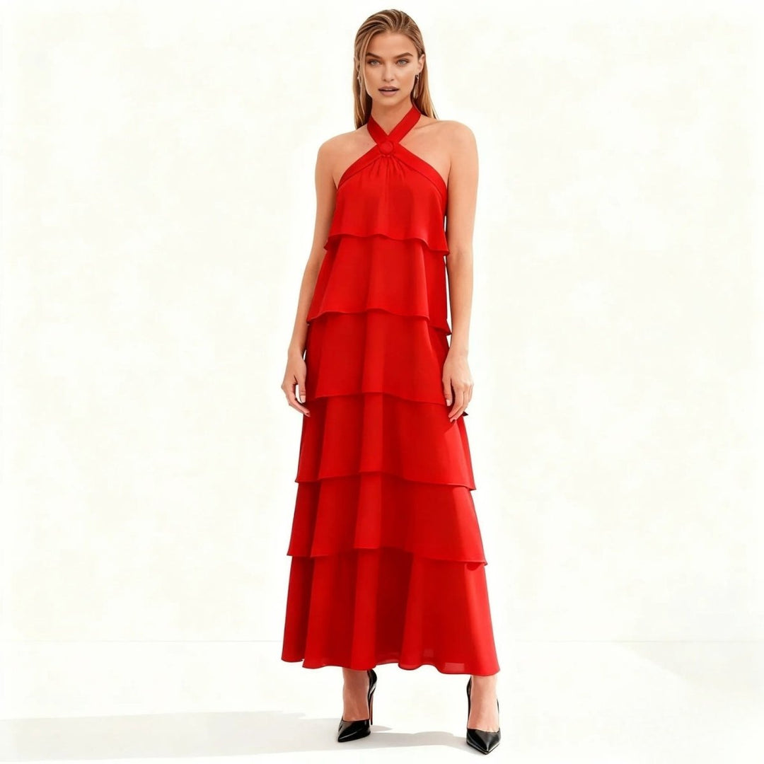 Women's Wedding Guest Halter Maxi Dress with Tiered Skirt
