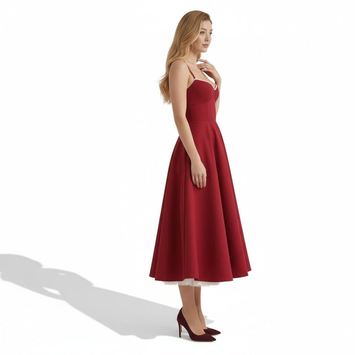 Women's Wedding Guest Midi Dress with Strapless Neckline and Fit Flare Skirt