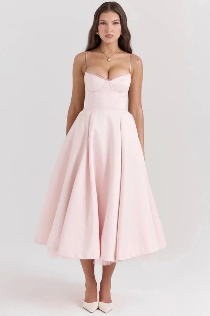 Women's Wedding Guest Midi Dress with Strapless Neckline and Fit Flare Skirt